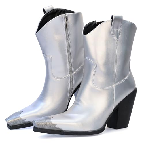 Image of Cowboy Ankle Boots for Women Engraved Steel Toe Cowgirl Boots Stacked Block Heels Short Cowboy Boot Fashion Dressy Western Country Booties