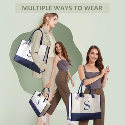 Image of BeeGreen Embroidery Monogram Canvas Tote Bag Initial Personalized Gifts Bags for Birthday Beach Work Wedding Gift Basket for Women Teacher Mom Friend Coworkers Sister Nurse Cute Totes Navy (Letter W)
