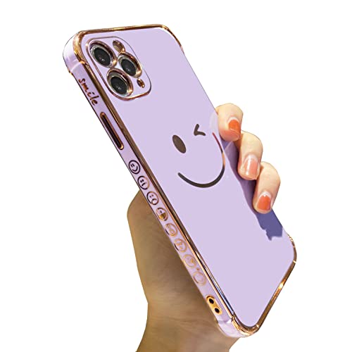 Facweek Compatible with iPhone 11 Pro Max Case Cute, Pretty Smiley Gilded Cases and Covers for Girls Ladies Women, Funky Electroplated Edges Shockproof Bumper Full Camera Cover Case 6.5 Inch, Purple