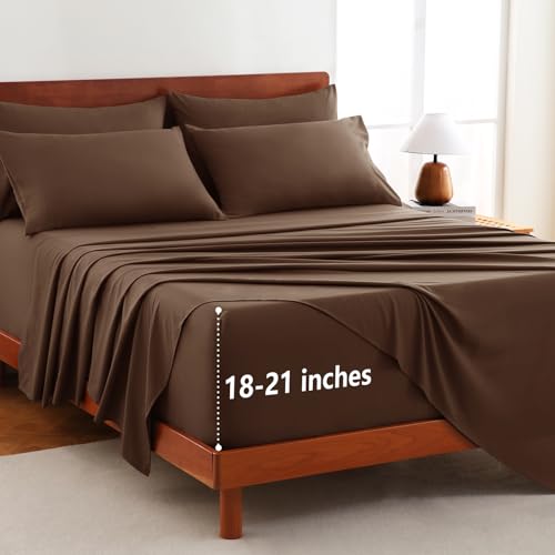 Image of CozyLux 6-Piece Cal King Sheet Set, Fits 18-21 Inch Mattresses, Oeko-TEX | 4 Pillowcases, 1 Flat Sheet and 1 Fitted Sheet with All-Around Elastic and 21-Inch Deep Pocket for a Secure Fit, Brown
