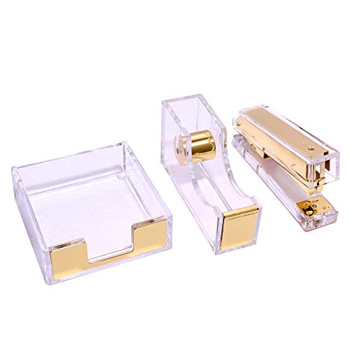 Buqoo Acrylic Desk Accessories Set Clear Office Desk Supplies Kit with Stapler, Tape Dispenser, Sticky Notes Holder for Office, Home, School and More (Gold)