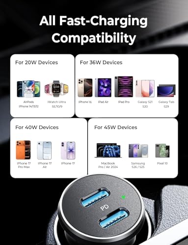 Image of LISEN 90W USB C Car Charger USB C Fast Charge, 45W PD&QC 3.0 Fast Car Charger for iPhone 17 Pro Max 16 15 Pro, Cigarette Lighter USB Charger Adapter for Samsung S26 S25, Android [Metal&Mini] Sockets