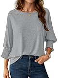 NORACORA Top da donna con maniche a 3/4, vestibilità ampia, elegante, casual, girocollo, magliette da donna, maglietta basic con polsini a punto smock, Grigio, L