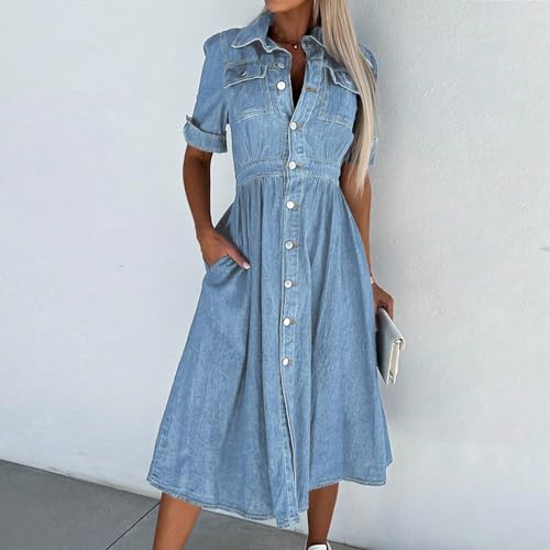 Image of Women Denim Shirt Dress V Neck Short Sleeve Long Bottom Down A-Line Jeans Dresses with Pockets