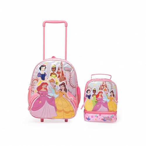Kit Mochila Lancheira Princesas Feminina Rodinha Disney