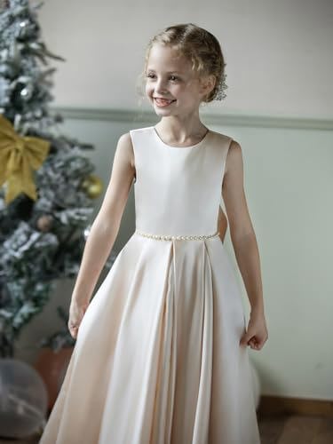 Satin Flower Girl Dresses for Wedding Floor Length Backless Princess Pageant Dress with Bow Pearls Proms Ball Gowns3