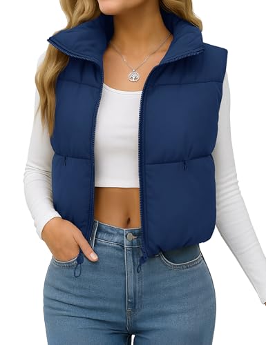 YUCOLEN Womens Crop Puffer Vest Lightweight Warm Outerwear with Fashion Stand Collar Zip Up Padded Cropped Jacket Coat DarkBlue