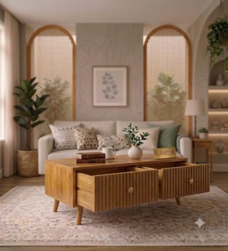 Image of Solid Sheesham Wood Coffee Table & Center Table for Living Room with Rattan Cane Lift-Down Shutter & Open Shelf, Solid Wooden Teapoy for Sofa with Storage | Tea Table (B-Honey)