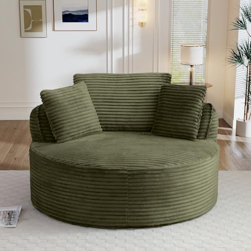 Image of Antetek 53.5-inch Round Chair, Modern Accent Corduroy Comfy Deep Seat Boneless Foam Floor Single Circle Chaise Sofa Chair with 3 Pillows for Living Room Bedroom Office, No Assembly Required, Green