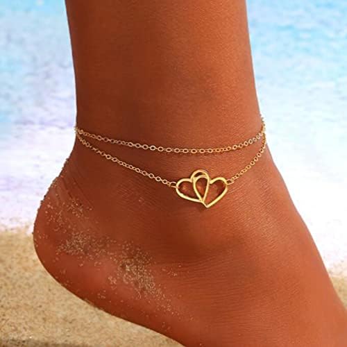 Simple Double Layer Love Peach Heart Anklet Hollow Double Heart Beach Anklet for Girls Women Jewellery