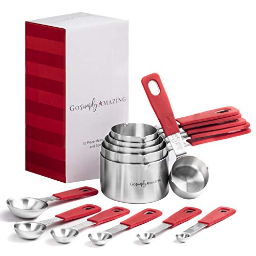 Go Simply Amazing Measuring Cups and Spoons Set – Perfect Measures For Liquid and Dry Ingredients Makes Cooking and Baking Simple - Red 12 Piece Stackable Set