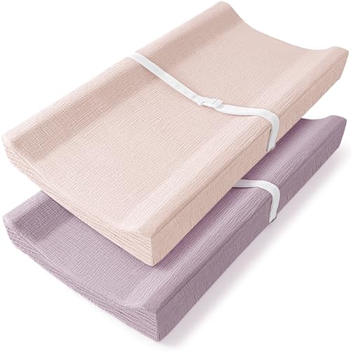 Image of Bearmoss Changing Pad Cover, 2 Pack Muslin [100% Cotton] Diaper Changing Table Covers, 32'' x 16'' Soft Breathable Changing Pad Sheets for Unisex Baby Girls and Boys with Strap Holes (Candy Floss)