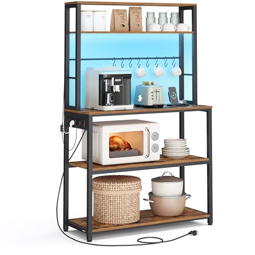 VASAGLE Küchenregal mit LED-Beleuchtung, Standregal mit Steckdosen, Mikrowellen-Regal mit verstellbaren Ablagen, 8 Haken, 40 x 80 x 168,4 cm, vintagebraun-Mattschwarz KKS050KD01