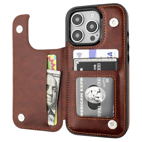 Onetop Compatible with iPhone 16 Pro Wallet Case with Card Holder, PU Leather Kickstand Card Slots Case, Double Magnetic Clasp and Durable Shockproof Cover 6.3 Inch (Brown)