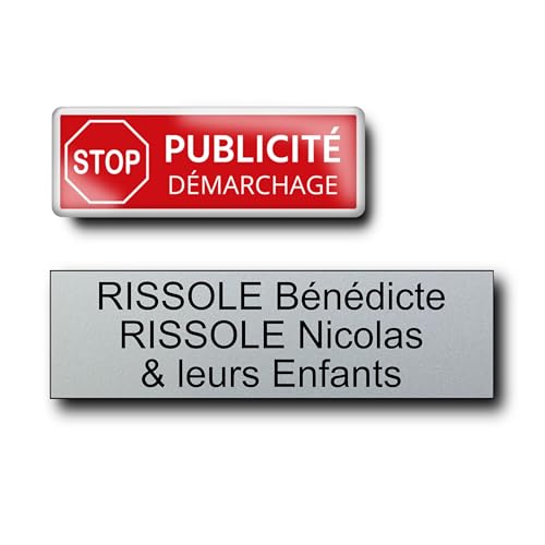 Plaque Boîte aux Lettres Personnalisable avec Stop Pub 3D - 10 x 2,5 cm - Pas de Publicité/Pas de Démarchage - Étiquette Autocollante Nom, Prénom, Famille (Argent)