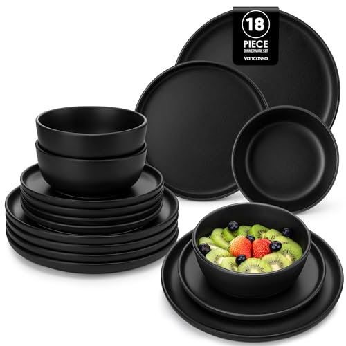 vancasso Black Plates and Bowls Set for 6 Stoneware Dinner Set 18 Piece Elegant Dinnerware with Matte Glaze Modern Style Playa Dinner Sets