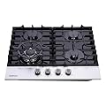 24 Inch Gas Cooktop DT4188A Tempered Glass Built-in Gas Stovetop, 4 High Efficiency Burners LPG/NG Convertible Gas Stove Top Dual Fuel Gas Hob