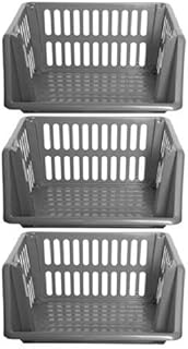 2XLarge 3 Tier Stacking Baskets Storage Veg Rack Plastic Stackers 35cm - Silver