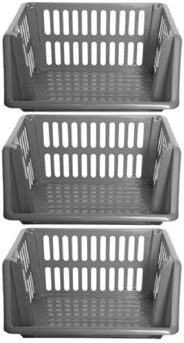 2XLarge 3 Tier Stacking Baskets Storage Veg Rack Plastic Stackers 35cm - Silver