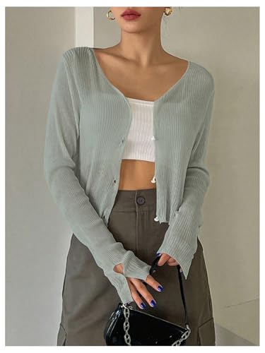 Image of Floerns Women's Ribbed Knit Long Sleeve Button Front V Neck Cardigan Crop Top