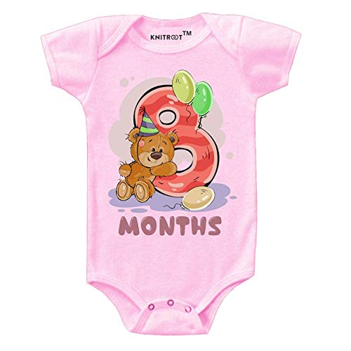 KNITROOTMonthly Birthday Teddy Special Unisex Baby Romper Half Sleeve Envelope Neck"8 Month Old"(KMTBR08-1,6-9 Months,Pink)