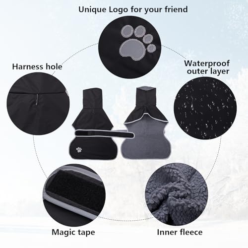 Geyecete Hunde Wintermäntel fur Windhund,Hundejacken mit plüschfutter,Wasserdichter Regenmantel Winddicht, Outdoor-Hundebekleidung mit Sicheren Reflexstreifen,fur mittel und große Hunde-Schwarz-M