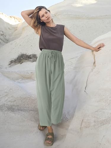 Hat and Beyond Womens Everyday Linen Pants Capri Casual Wide Leg Loose FIt High Waist Crop Trousers4
