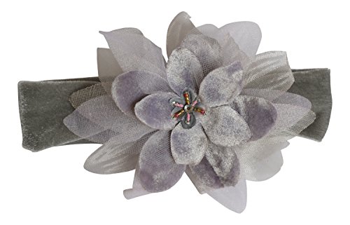 PLH Bows Velvet Headband with Velvet Organza Petal Flower with Beads and Stone Center (Grey)