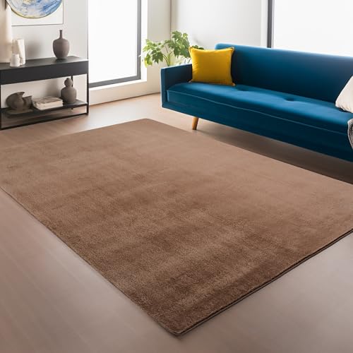 Image of Snuggly Plain Living Room Area Rug Super Soft Polyester Rug Cut Pile Anti-Slip Backing Machine Washable Modern Rug for Living Room Bedroom Hallway 9 Colours- Mocha- 60 x 100 cm (Rectangular)