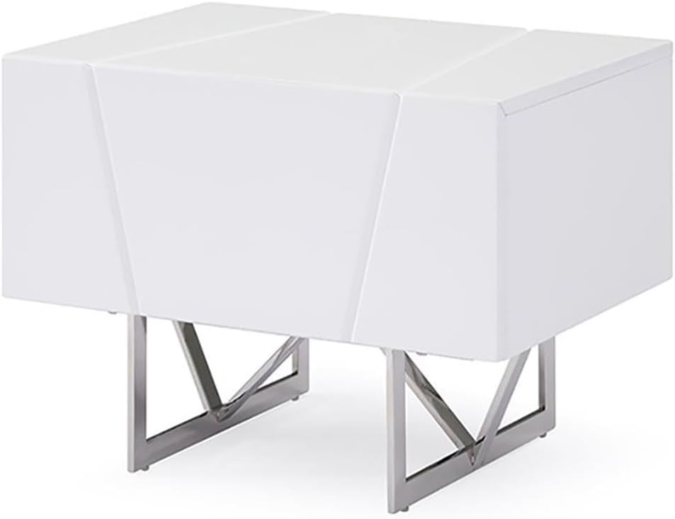 Limari Home Arrow Collection Modern Style Bedroom High Gloss Finished Nightstand With 1 Drawer & Stainless Steel Leg, White
