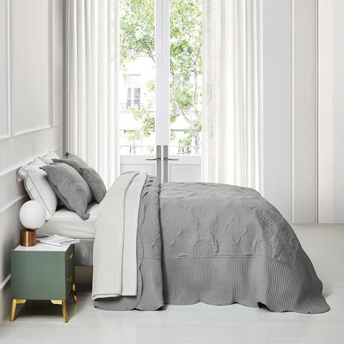 Image of HZ & HY Oversized King Bedspreads, Stitched Damask, Ultimate Gray | Generous Coverage, 5-Piece Quilt Set, Lightweight Reversible Coverlet, Scalloped Edge, King /Cal King