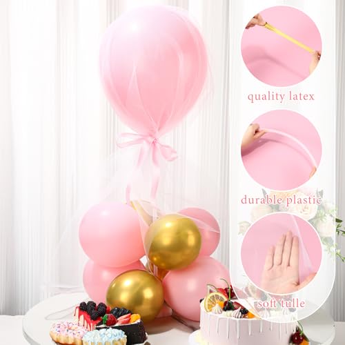 Image of BBTO 8 Set Pink Gold Table Centerpieces Balloons Stand Kit, Latex Balloons and Table Stand Holder with Base Tulle for Wedding Birthday Grad Prom Centerpieces Party Back to School Baby Shower