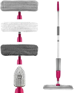 Kleeneze KL081810EU7 Spray Mop, Deep Clean 4 in 1, Long Handed Floor and Tile Cleaner with Refillable 300 ml Spray Tank, 120 cm, Includes 3 Microfibre Dust, Polish, Scrub Pads and A Scrubbing Brush