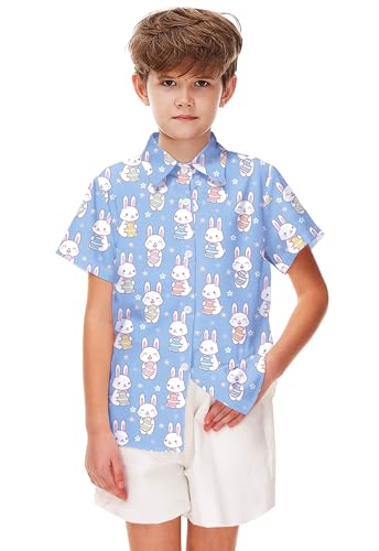 Image of Remimi Unisex Kids 4th of July Button Up Shirt Boys American Flag Print Hawaiian Beach Short Sleeve Tops 5-14 Years