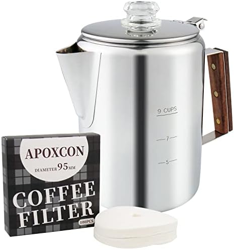 APOXCON Camping Coffee Pot with Glass Knob Top, 9 Cups Stainless Steel Percolator Coffee Pot Coffee Maker for Campfire or Stovetop Coffee Making, Coffee Percolator with Coffee Filters (Pack of 100)