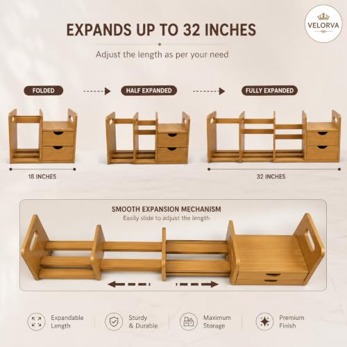 Image of Expandable Wooden Desk Organizer with 2 Drawers Adjustable Desktop Bookshelf Office Desk Storage Rack Study Table File Holder Stationery Organizer Engineered Wood Brown
