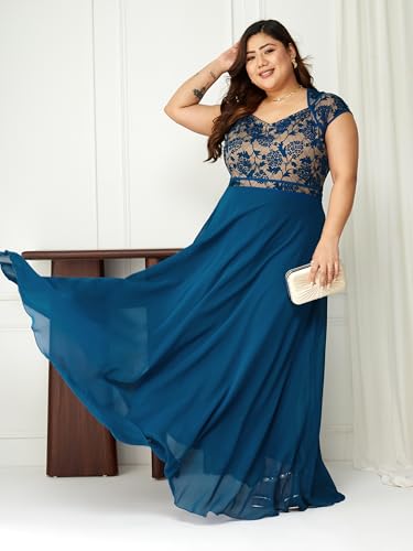 Image of Miss Chase A+ Women's Floral Printed Relaxed Fit V -Neck 3 /4Th Sleeve Georgette Maxi Dress