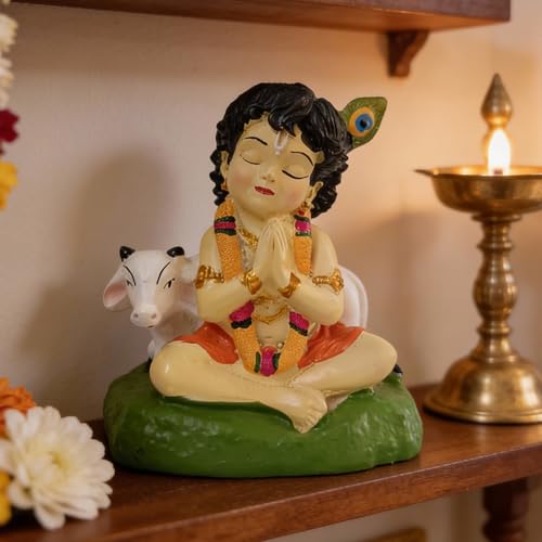 Image of Premium Bal Krishna Resin Idol for Car Dashboard, Home Temple & Office (7 x 6.5 x 4.5 cm) | Handcrafted Laddu Gopal Murti Showpiece for Vastu, Peace & Protection (Color: Natural)