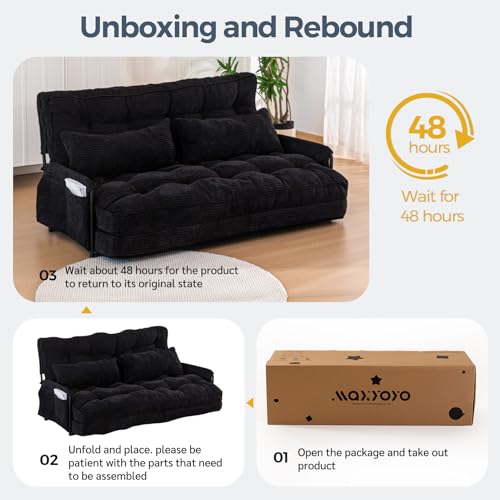 MAXYOYO Adjustable Floor Sofa Couch with 2 Pillows, Multi-Functional Bean Bag Bed, 5-Position Foldable Lazy Sofa Sleeper Bed with Armrest, Versatile Floor Seating for Reading, Black, Double - Image 7