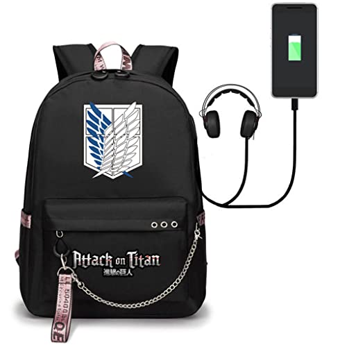 Sac à Dos Attack on Titan avec Chargeur USB Cartable Pour Garçons Filles Enfant College Anime SNK Levi Ackerman Sac à Dos 3D Manga AOT Bookbag Grande Capacité Sac d'école Sac De Voyage (ZY,45*32*15cm)