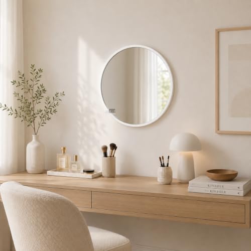 Image of Round Wall Mirror in Gold I Metal Frame Mirror I Modern Design Metal Frame Mirror in Medium Size I Bathroom Wash Basin, Bedroom, Drawing Room (White 18 inch)