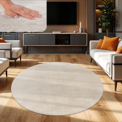 TT Home Wohnzimmer Teppich Hochflor Langflor Kunstfell Weich Modern Unifarben Flauschig, Farbe: Creme, Größe:80 cm Rund