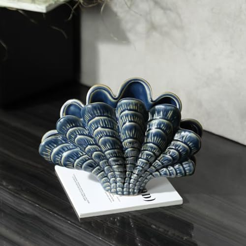 Rekeell Creative Art Ceramic Seashell Sculpture, Blue Glazed Finish, Nautical