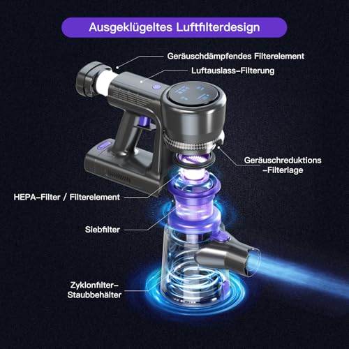 Akku Staubsauger, 28KPa Staubsauger Kabellos, Akkustaubsauger Selbstladender mit LED Display/Anti-Tangle-Bürste/wechselbarer Akku, Stabstaubsauger für Hartböden Teppiche Tierhaare (Lila) – Bild 4
