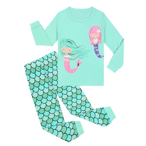 Codkkre Schlafanzug Mädchen Meerjungfrau Kinder Pyjama Baumwolle Langarm Winter Unicorn Schlafanzüge Zweiteiliger Größe 104, Grün/Meerjungfrau