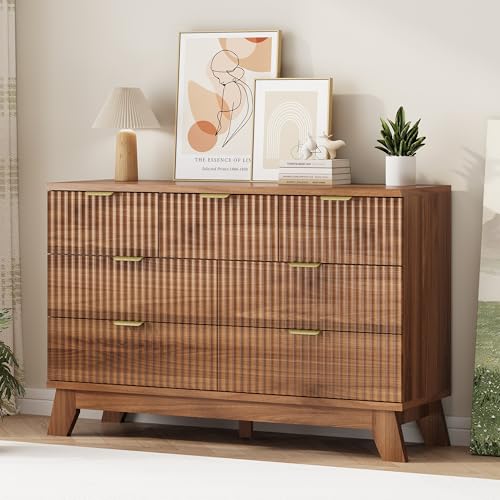Image of Xixini Fluted Dresser for Bedroom with 7 Drawers, 48 inch Wide Modern Chest of Drawers with Metal Handle, Wood Dresser TV Stand, Wooden Closet Clothes Storage Organizer for Living Room, Hallway, Walnut