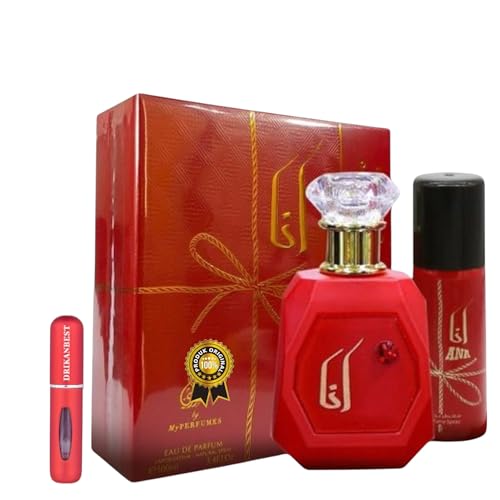 Set Perfume Ana Red 100 ml + Desodorante 150ml | Fragancia Unisex con Notas Cítricas, Florales y Especiadas + Regalo Atomizador Drikanbest 5 ml