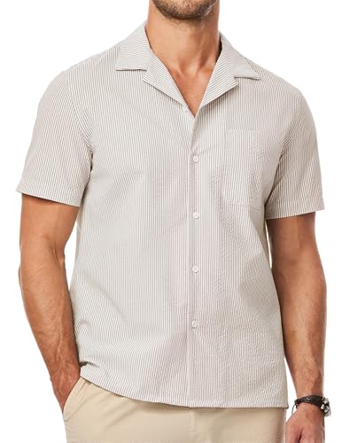 JMIERR Mens Shirts Short Sleeve Camp Collar Button Down Seersucker Hawaiian Striped Shirt Vacation Summer Beach Linen Tops with Pocket