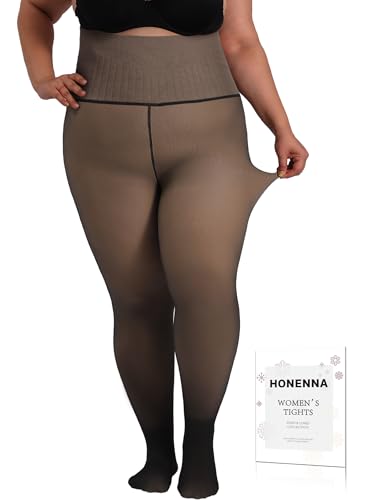 HONENNA High Waist Plus Size Fleece Lined Tights, winter thermal illusion translucent Tights for Women, medias térmicas mujer