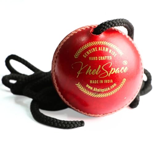 Image of KHELSPACE Knock Leather Cricket Hanging Ball with Rope, Professional Grade Training Ball, Hand-Stitched, Standard Size, Red